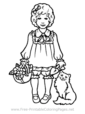 Girl and Kitten Coloring Page
