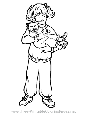 Girl with Kitten Coloring Page