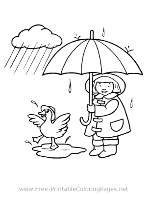 Girl and Duck in Rain Coloring Page