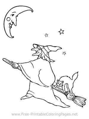 Witch on Broom Coloring Page